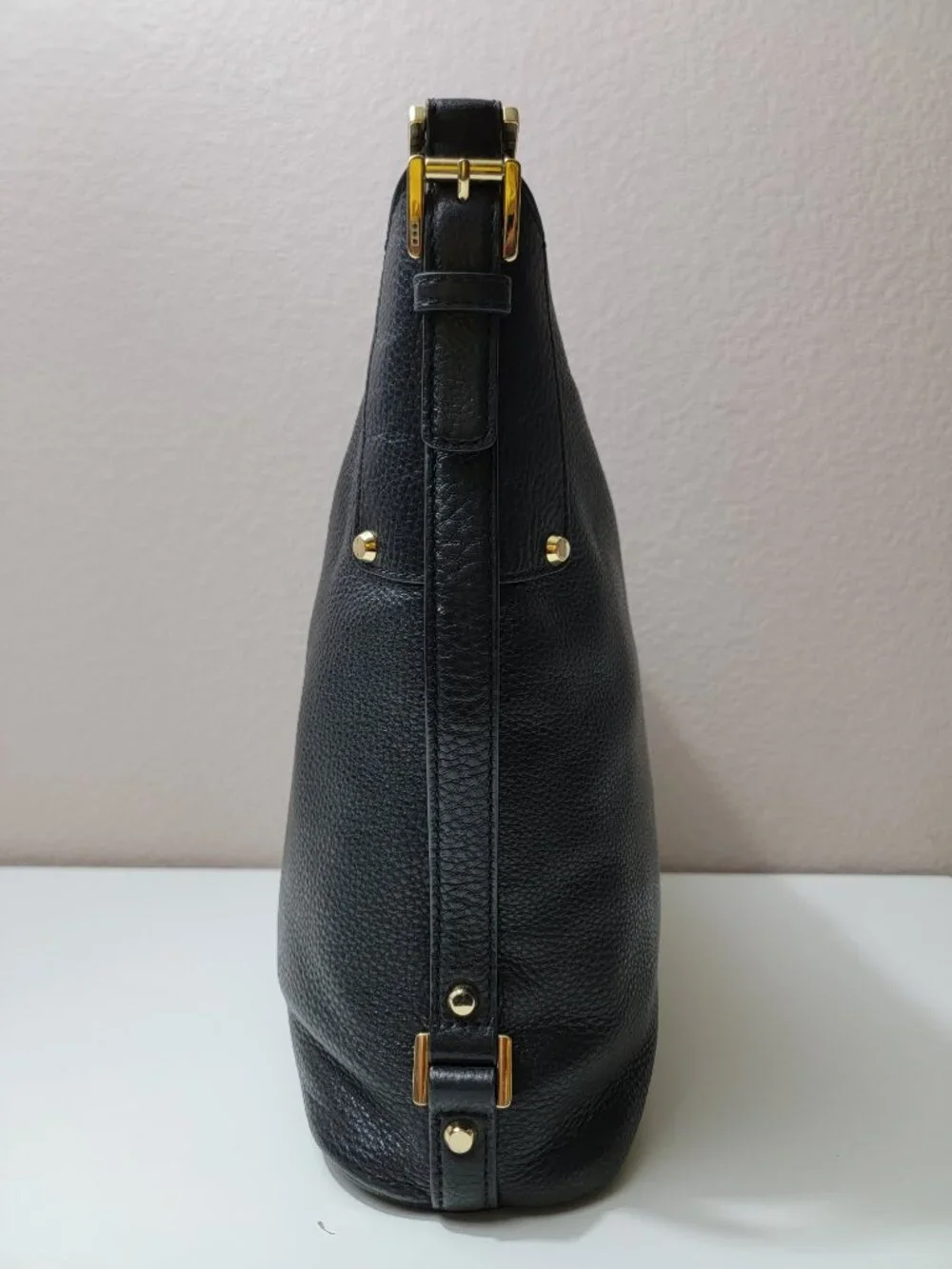 Michael Kors Bedford Large Black Pebbled Leather Hobo Shoulder Bag Gold Hardware